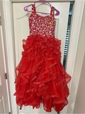 Girls Red Sequin Ruffle Tiffany Pageant  Dress